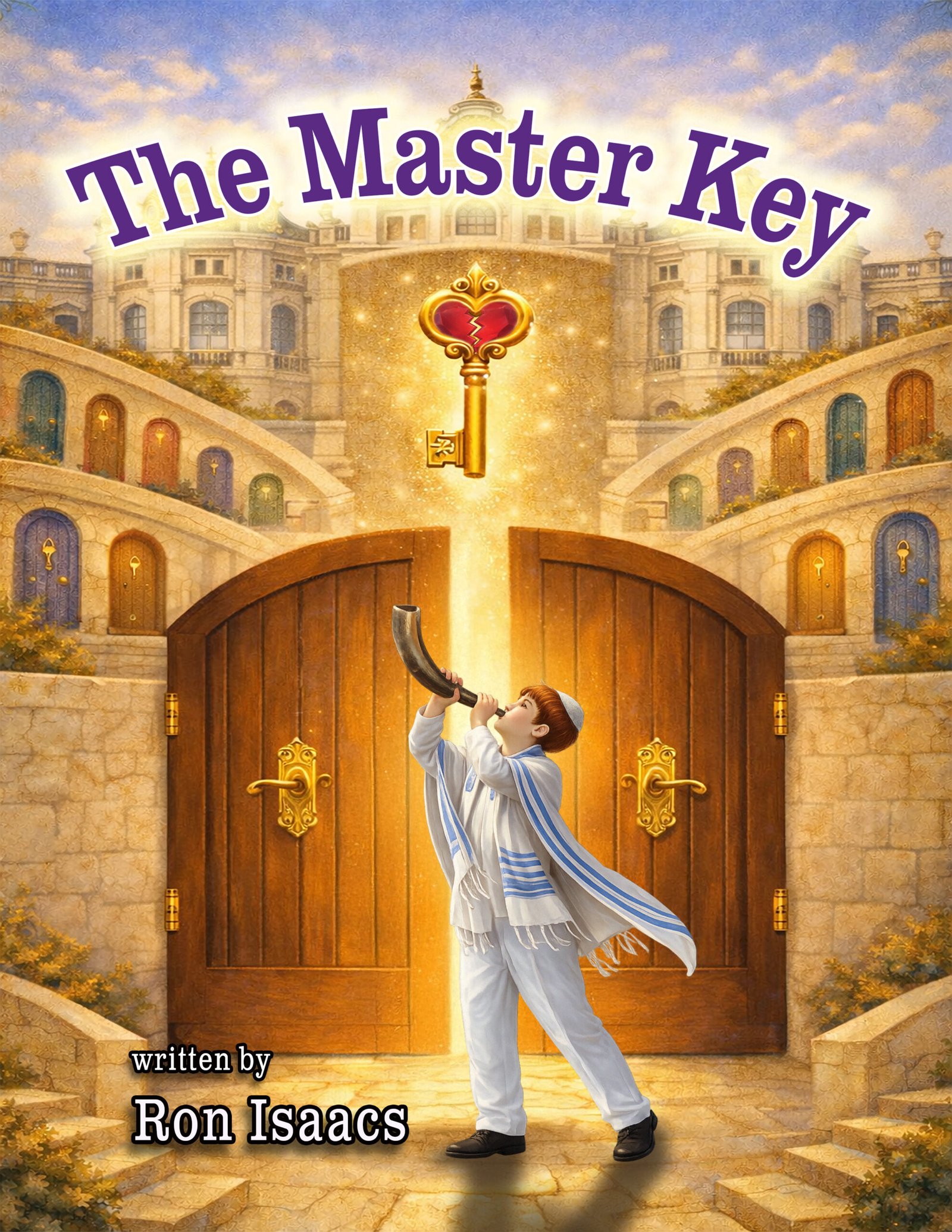 Jewish children's picture book, The Master Key has a young boy blowing a shofar with a heart-shaped key rising out of the shofar. A background of a castle with many colorful doors is behind them with a wooden gate opening to the shofar sound.